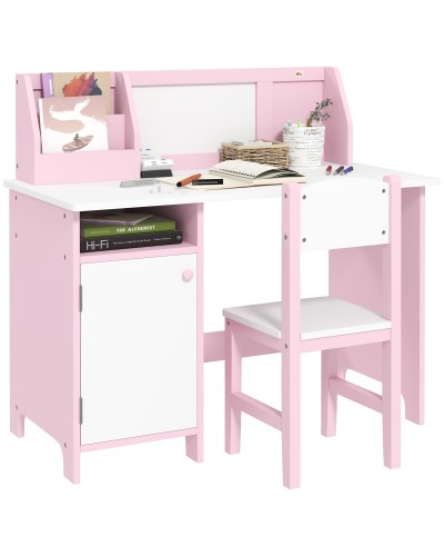 Kids Wooden Table and Chair Set 5+ Years with School Desk 90x45x85 cm and Chair 29x29x66 White and Pink
