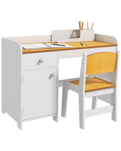Children's Desk and Chair Set (3-6 Years) with Drawer and White Wooden Cabinet