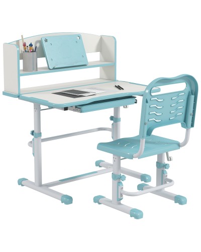  Set Scrivania per Bambini con Sedia Regolabile in Altezza e Piano Inclinabile, Età 6-12 Anni, Blu