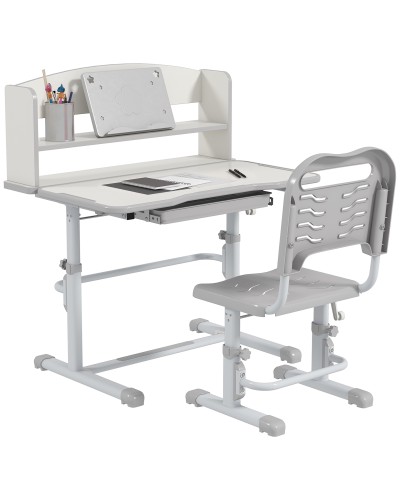  Set Scrivania per Bambini con Sedia Regolabile in Altezza e Piano Inclinabile, Età 6-12 Anni, Grigio