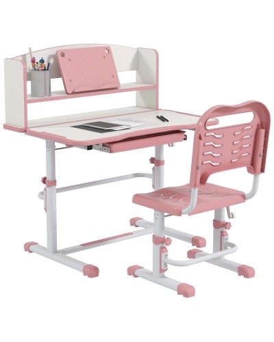  Set Scrivania per Bambini con Sedia Regolabile in Altezza e Piano Inclinabile, Età 6-12 Anni, Rosa