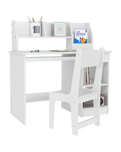 Children's Desk and Chair Set (5-8 Years) with White Wood Bookshelf and Pull-Out Shelf