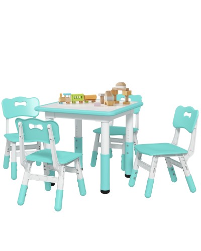  Set Tavolo e Sedie per Bambini 5pz con 4 Sedie Regolabili 32x36x52.5-56 cm e Tavolo 60x60x46-58 cm, Verde