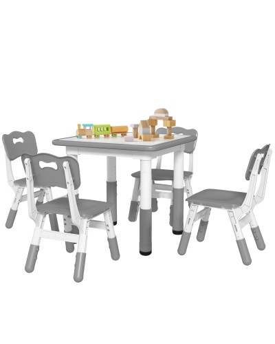 5-Piece Kids Table and Chair Set with 4 Adjustable Chairs 32x36x52.5-56 cm and Table 60x60x46-58 cm, Grey