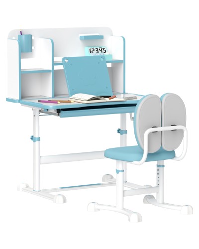 Adjustable Kids Desk and Chair Set, Tilting Desktop School Table, Drawer, Bookshelf, Blue
