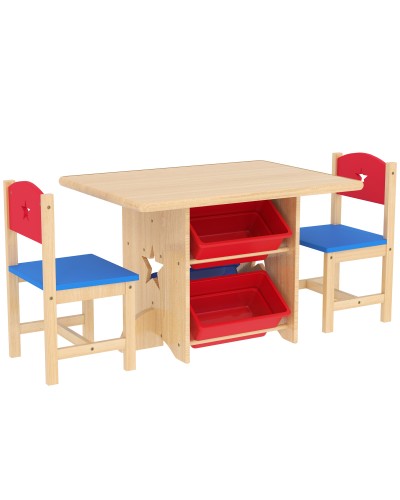Kids Table and Chairs Set 3-7 Years with 2 Chairs and Table with 4 Storage Bins, Wood and PP, Wood Color