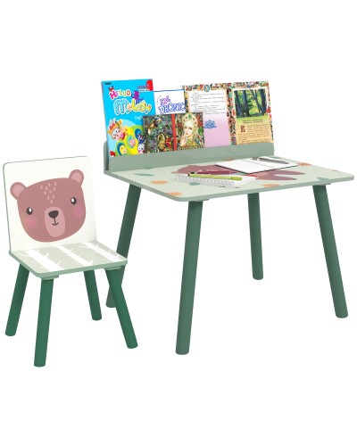 Kids Table and Chair Set with Storage Shelf, MDF and Pine Wood, Green