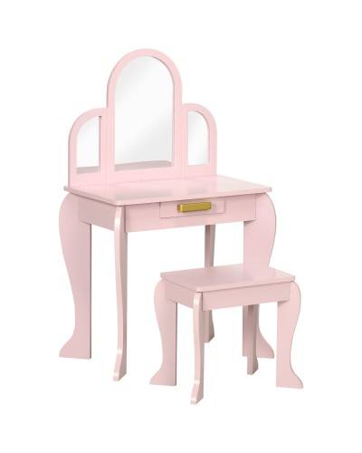 Kids Vanity Table Set for Ages 3-6 with Stool, Drawers, and Matching Acrylic Mirror, Pink