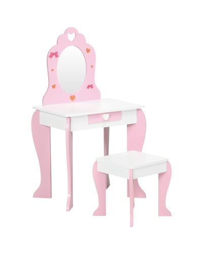  Set Tavolo Trucco con Sgabello, Specchio e Cassetto in MDF per Bimbi 3-6 Anni, Bianco e Rosa