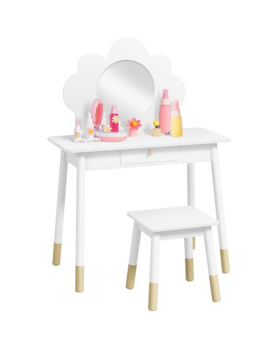 Girls Makeup Vanity Table Set for Ages 3-6 with Stool, Mirror and Wooden Drawer in White