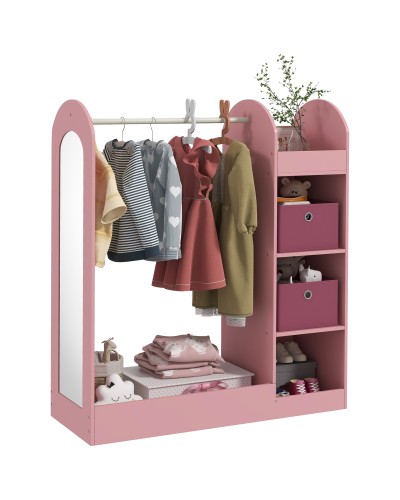  Appendiabiti per Bambini con Ripiani, Scatole e Specchio in Legno, Rosa