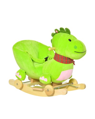  Cavallo a Dondolo con Ruote, Cavalluccio a Dondolo a Forma di Drago per Bambini 18-36 Mesi, in Legno e Peluche Verde