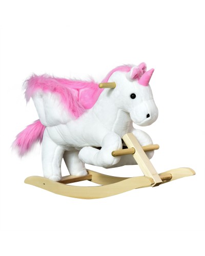 Unicorn Rocking Horse with Music, Metal and Wood Frame, Plush Cover, 65x32x55cm, White Pink