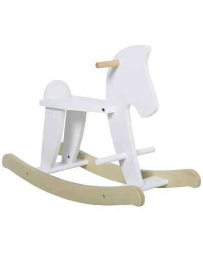  Cavallo a Dondolo Bambini da 1-3 Anni in Legno con Maniglie e Poggiapiedi, 68x26.5x48 cm, Bianco