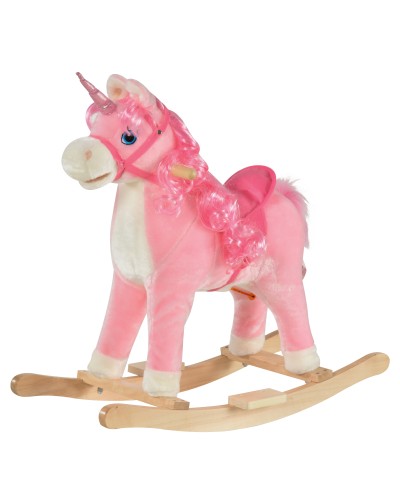  Cavallo a Dondolo per Bambini 36-72 Mesi, Unicorno a Dondolo con Suoni in Legno e Peluche Rosa, 74x33x62cm