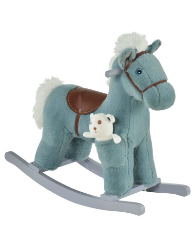  Cavallo a Dondolo per Bambini in Peluche e Legno con Suoni e Orsetto Incluso, per Bimbi da 18-36 Mesi, 65x26x55cm, Blu