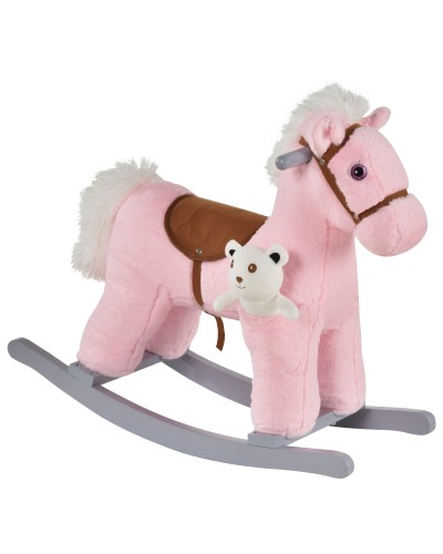  Cavallo a Dondolo per Bambini in Legno e Peluche con Suoni e Orsetto Incluso, per Bimbi da 18-36 Mesi, 65x26x55cm, Rosa