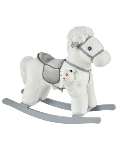 Plush and Wood Rocking Horse for Kids with Sounds and Teddy Bear Included, 18-36 Months, 65x26x55cm, White