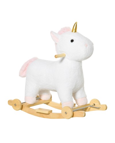  Cavallo a Dondolo per Bambini a Unicorno con Base Curva e Ruote, Cavallo a Dondolo 2 in 1 con Suoni Integrati e Rivestimento Pe