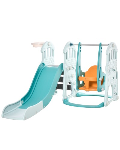  Scivolo 3 in 1 per Bambini con Altalena Regolabile, Canestro e Palle per Cameretta e Giardino, 149x186x98cm, Blu e Arancione