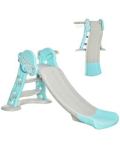 18-Month+ Kids Slide, Foldable 3-Step Climber with Basketball Hoop, 140x87x75cm, Blue and Grey