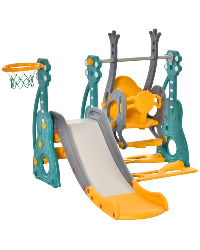  Scivolo 3 in 1 per Bambini con Altalena Regolabile, Canestro e Palle per Cameretta e Giardino, 152x149x107cm, Blu, Grigio, Gial
