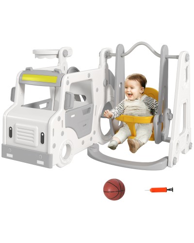  Set Scivolo per Bambini 18-48 Mesi con Altalena, Macchinina e Canestro, 201x151x87.5cm, Bianco
