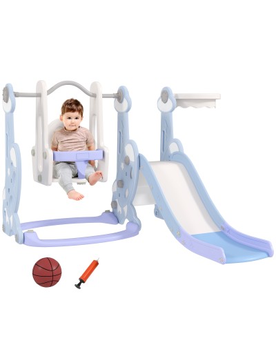  Gioco per Bambini 4 in 1 con Scivolo, Altalena, Arrampicata e Canestro, 147.5x160x107 cm, Azzurro Chiaro
