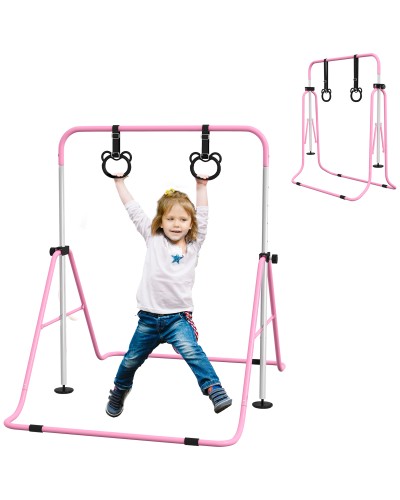  Sbarra Ginnastica Artistica per Bambini ad Altezza Regolabile con 2 Anelli, in Acciaio, 148x105x88-128 cm, Rosa