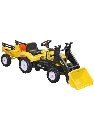 Kids Pedal Excavator for 3 Year Olds with Front Loader, Trailer and 6 Wheels, Yellow