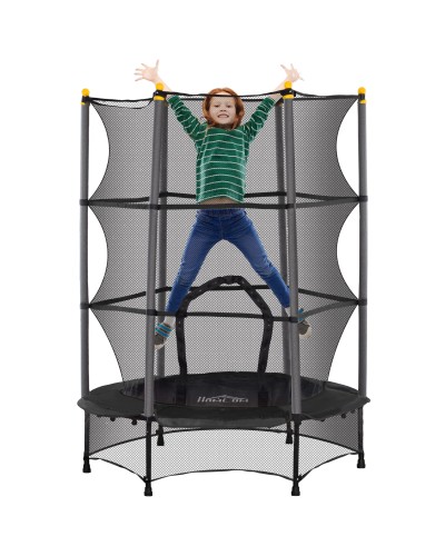 Tappeto Elastico per Bambini con Rete di Sicurezza e Pali Imbottiti Età 3-10 Anni, Ø140 x 190 cm, Nero