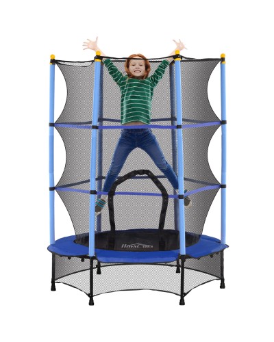  Tappeto Elastico per Bambini con Rete di Sicurezza e Pali Imbottiti Età 3-10 Anni, Ø140 x 190 cm, Blu