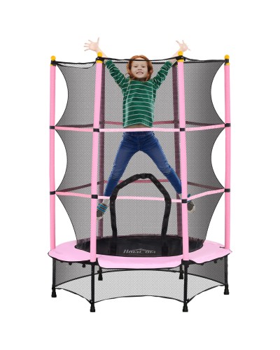  Tappeto Elastico per Bambini con Rete di Sicurezza e Pali Imbottiti Età 3-10 Anni, Ø140 x 190 cm, Rosa