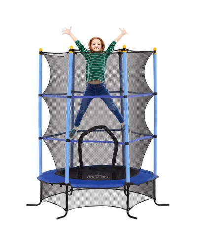  Trampolino Elastico per Bambini Ø1.6x1.9 m con Rete di Sicurezza e Pali Imbottiti, Età 3-10 Anni, Blu