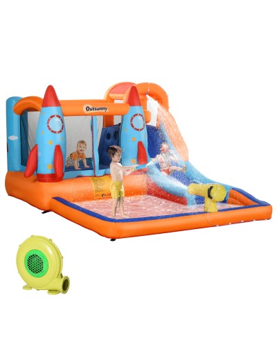  Castello Gonfiabile per Bambini Piscina con Scivolo e Trampolino, Pompa Elettrica, 350x250x185cm, Multicolore