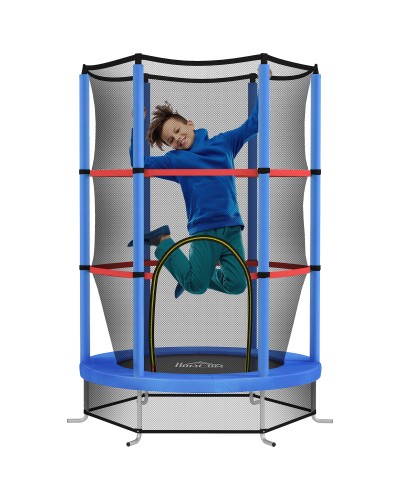  Tappeto Elastico per Bambini 3-6 Anni con Rete di Protezione, 6 Colonne e 3 Ingressi, Ø140x190 cm, Blu e Nero