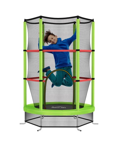 Kids Trampoline for Ages 3-6 with Safety Net, 6 Poles & 3 Entrances, Ø140x190 cm, Green & Black