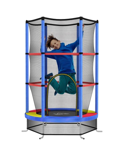  Tappeto Elastico per Bambini 3-6 Anni con Rete di Protezione, 6 Colonne e 3 Ingressi, Ø140x190 cm, Multicolore
