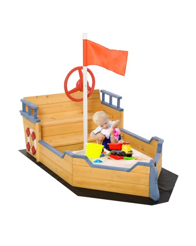  Sabbiera per Bambini in Legno a Forma di Nave dei Pirati con Vano Contenitore, 158x78x45.5 cm