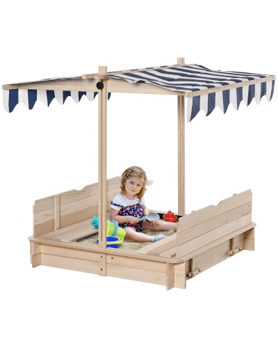  Sabbiera per Bambini in Legno con Tettuccio Parasole, Panca e Coperchio, 106x106x115 cm Bianco e Blu