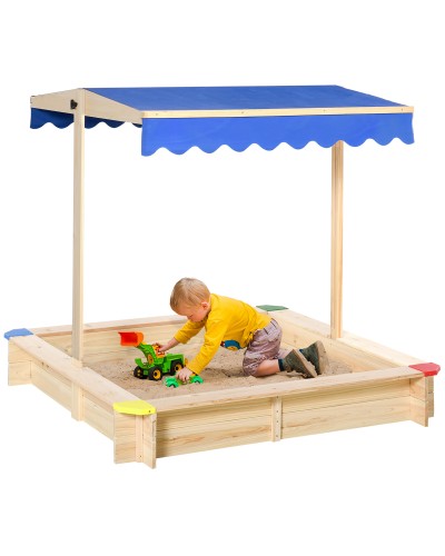  Sabbiera per Bambini in Legno con Panca e Tettuccio Parasole Regolabile, 120x120x120cm, Colore Legno e Blu