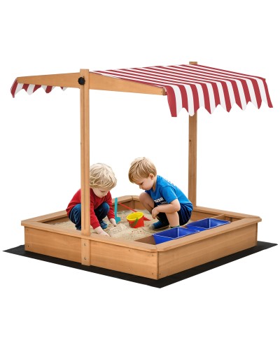  Sabbiera per Bambini in Legno con Tettuccio Regolabile, Sedute e Vaschette, 107.5x107.5x100 cm