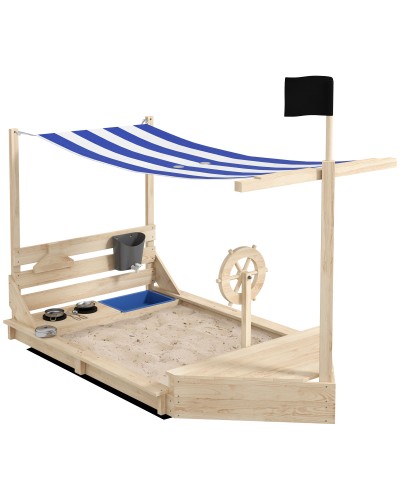  Sabbiera per Bambini 3-7 Anni con Tettuccio e Set da Cucina, in Legno di Abete, 180x103x144.5 cm