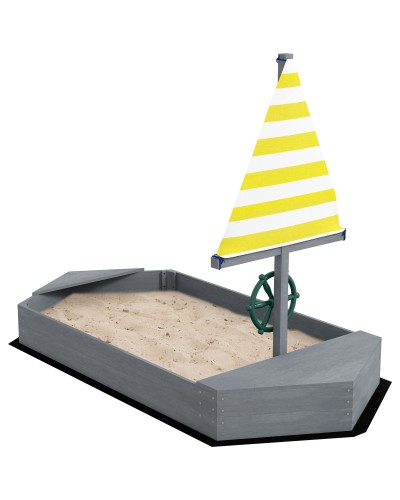 Boat Shaped Sandpit for Children 3-8 Years Old, Fir Wood and Polyester, 190x90x138 cm