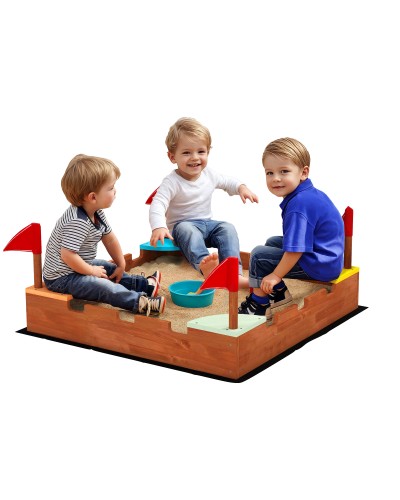  Sabbiera per Bambini 3-7 Anni a Forma di Castello con 4 Sedute in Legno di Abete, 90x90x17 cm, Multicolore