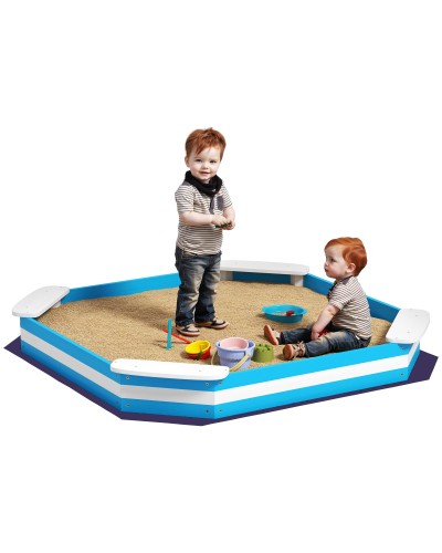 Kids Wooden Sandbox with 4 Corner Seats, Ages 3-6, 133x133x16 cm, Blue and White