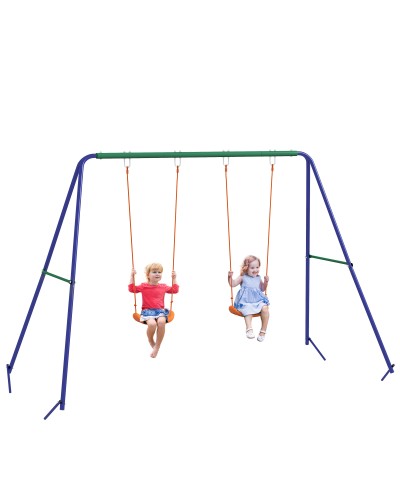 Kids Swing Set 3-8 Years with 2 Seats & 4 Stakes, Metal & PP, 269x160x180 cm