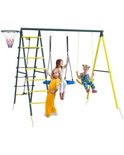 Round & Classic Garden Swing Set with Steel & Rope Ladder and Basketball Hoop for Kids Ages 3-8