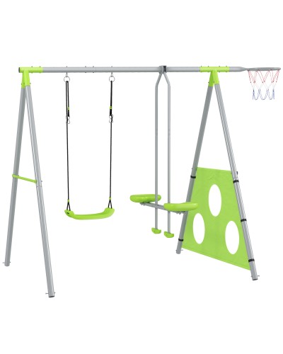 4-in-1 Kids Play Set with 2 Garden Swings, Basketball Hoop and Football Goal, 215x180x182 cm, Green and Grey