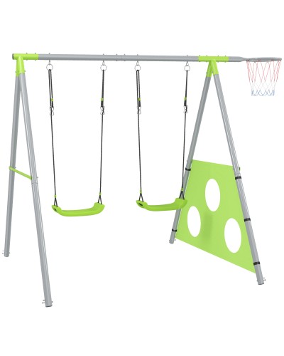 3-in-1 Kids Play Set with Garden Swing, Basketball Hoop & Soccer Goal, 238x180x182 cm, Green & Grey
